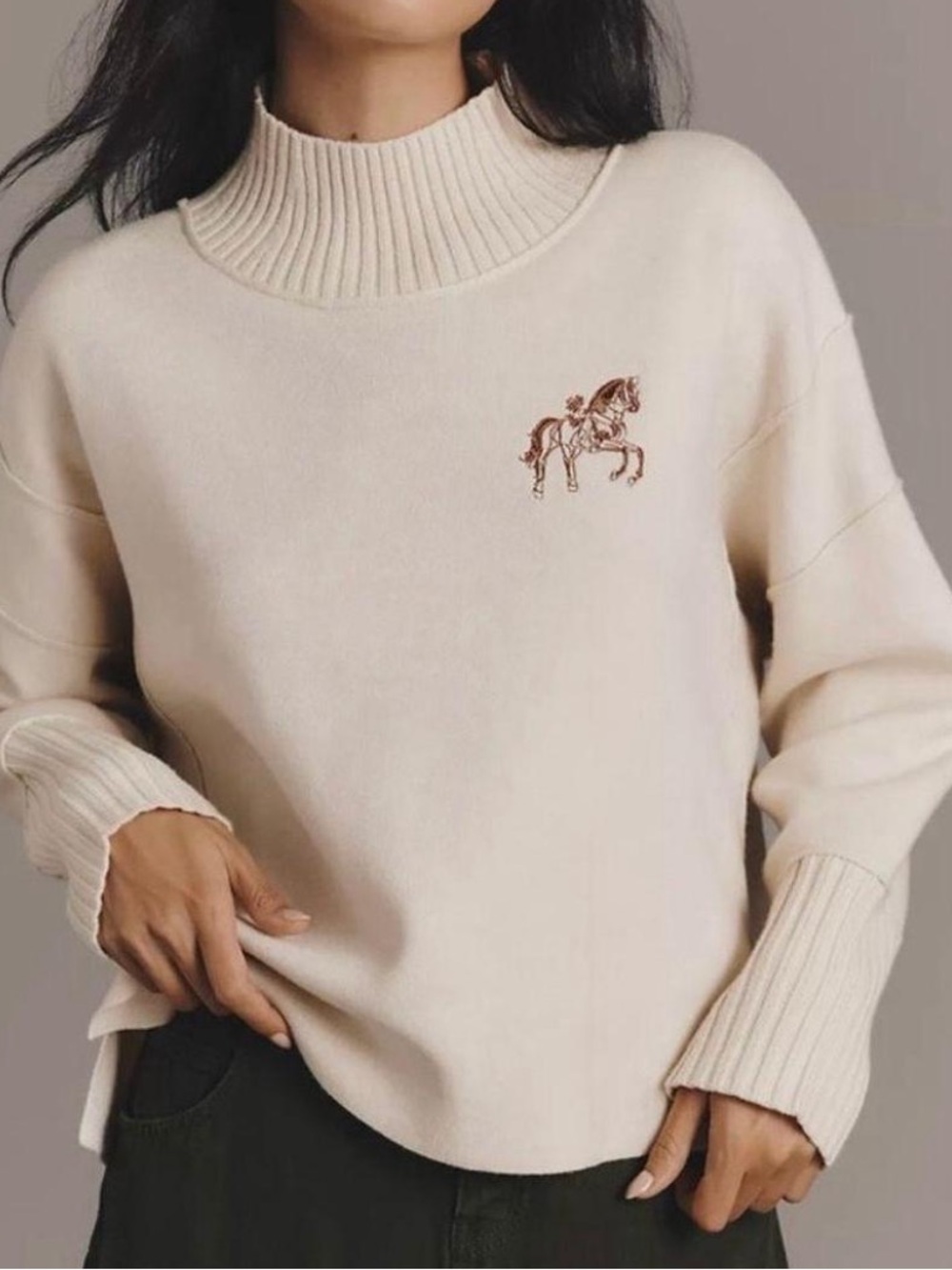Anthropologie Maeve The Logan Embroidered Horse Sweater in Cream